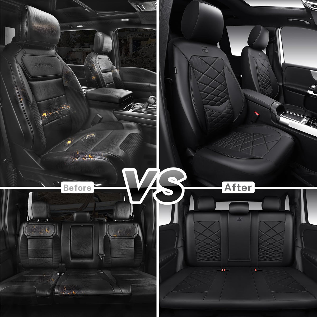 Water Resistant Faux Leather Seat Covers Full Set with Lumbar Support Solid Black K393