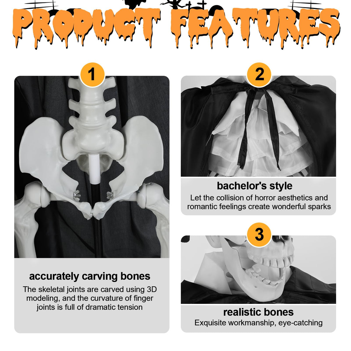 2 Pack Life Size Skeleton Bride and Groom with LED Glowing Eyes and Movable Joints I103