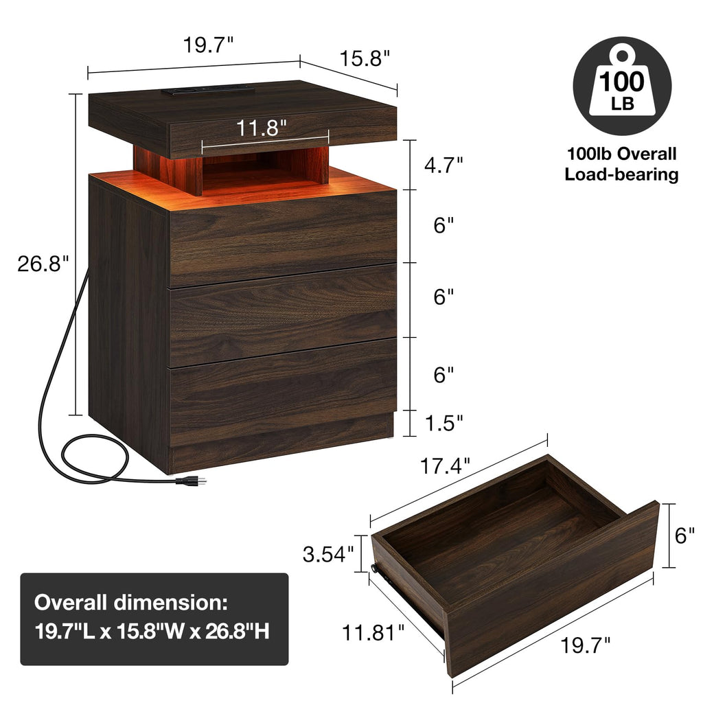 Rustic Brown 3 Drawer Nightstand with Wireless Charging Station X184