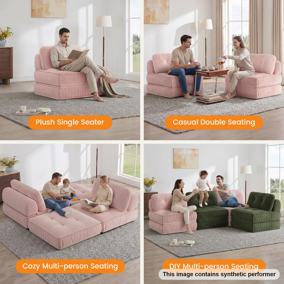 Pink Corduroy 3-in-1 Folding Sofa Bed with Memory Foam J1399