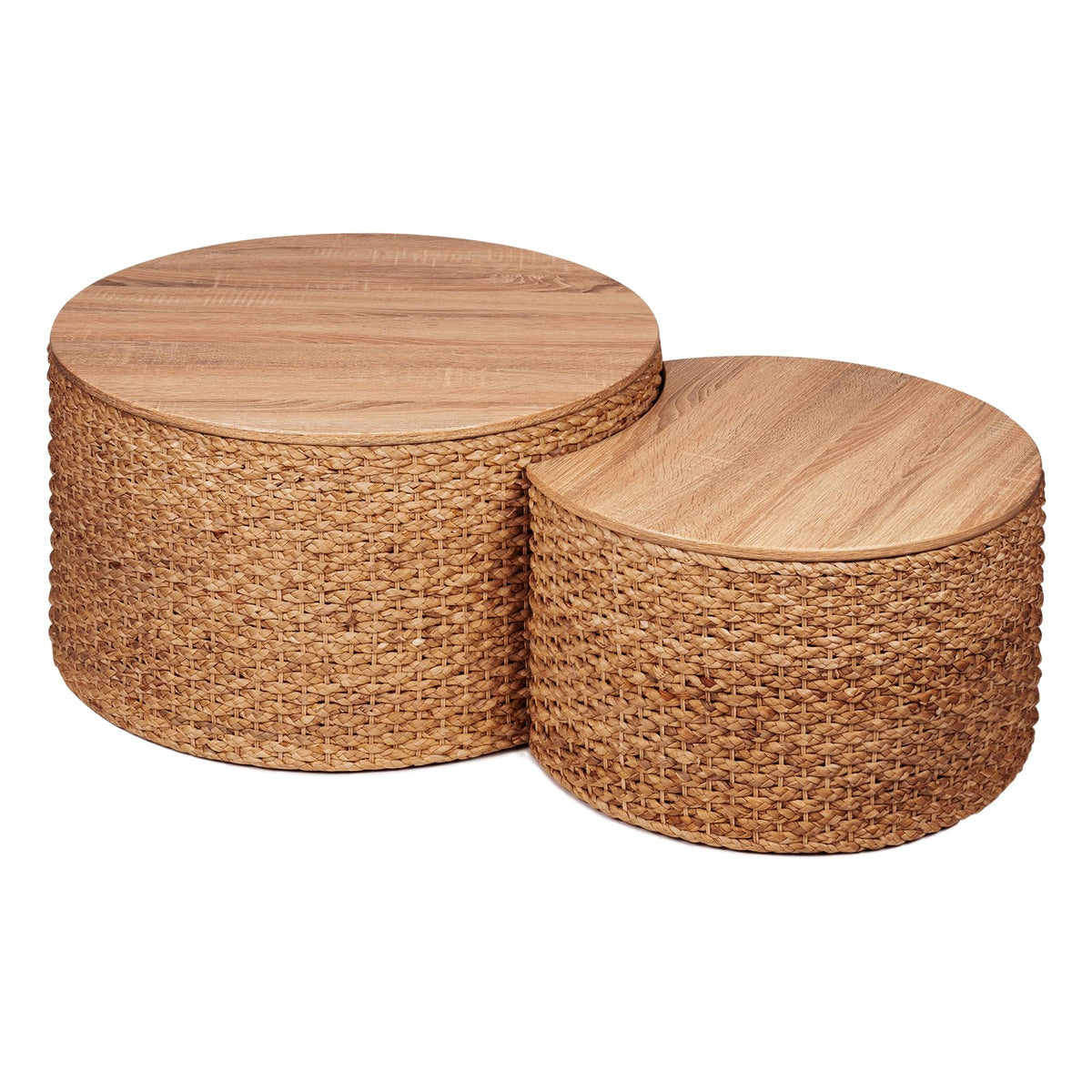 Round Nesting Coffee Table Set of 2 with Storage Wicker Rattan Wood Frame Z726715