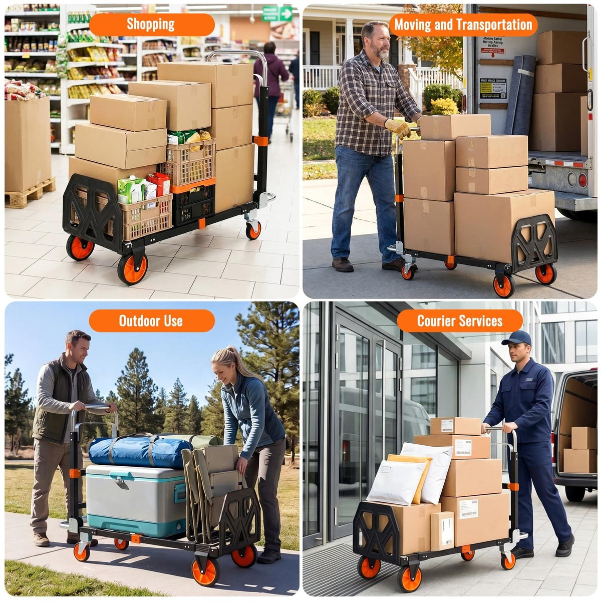 3-in-1 Convertible Hand Truck 600 lb 4 Wheels Orange Q665622