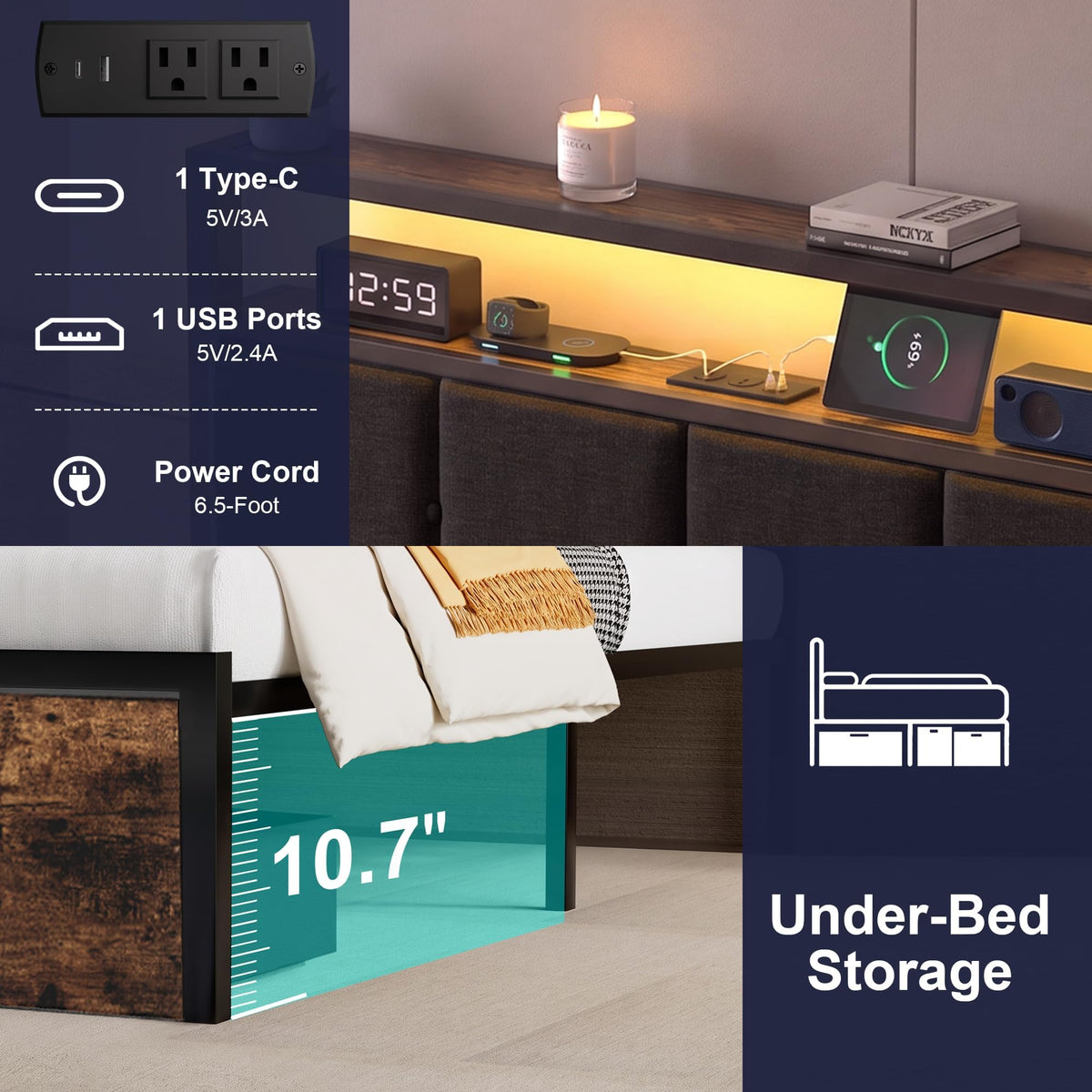 Full Bed Frame with Storage Drawers and LED Lights B5631