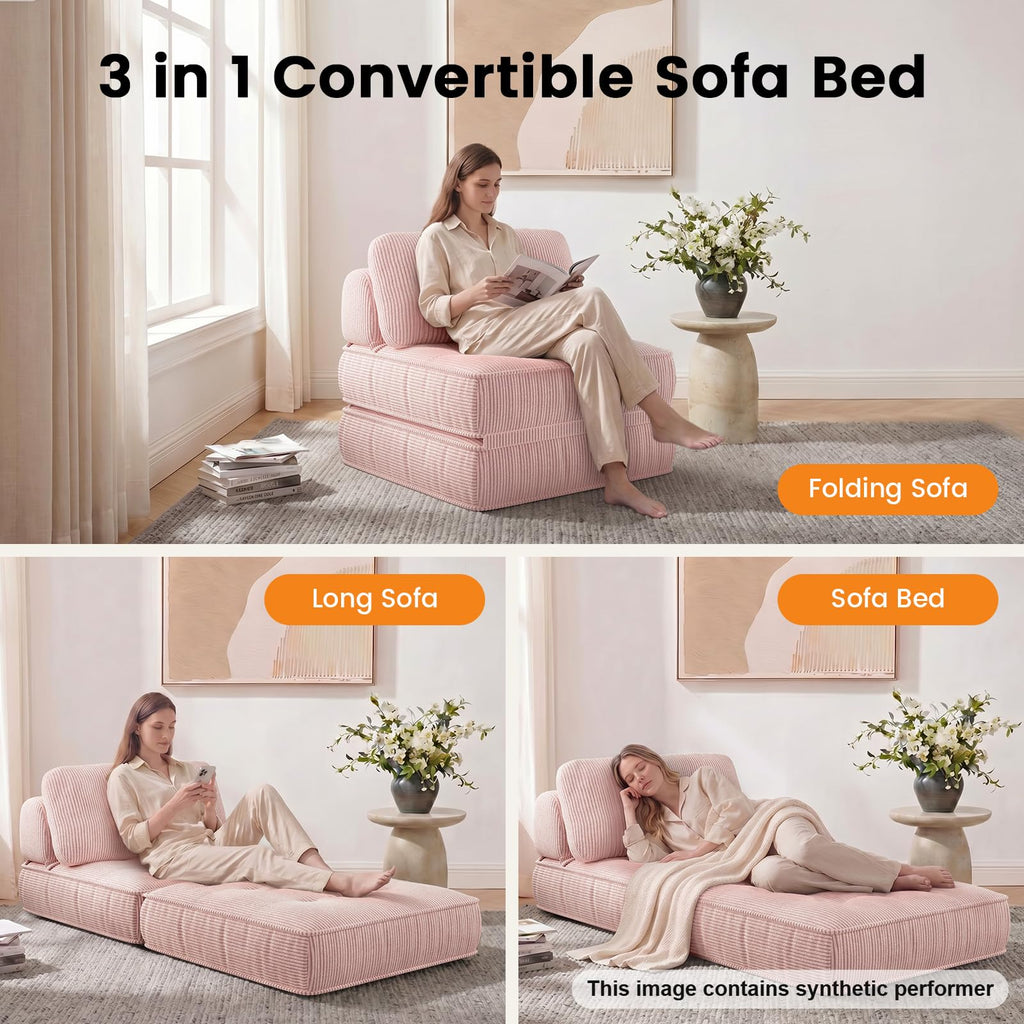 Pink Corduroy 3-in-1 Folding Sofa Bed with Memory Foam J1399