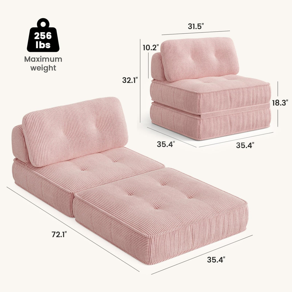 Pink Corduroy 3-in-1 Folding Sofa Bed with Memory Foam J1399