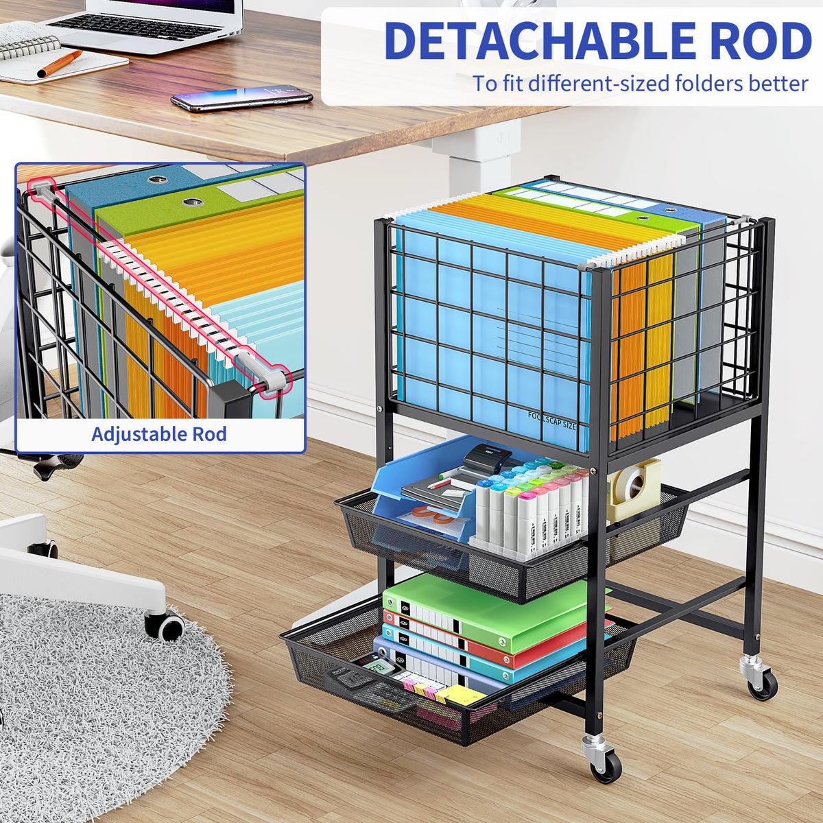 3-Tier Metal Rolling File Cart with 2 Sliding Trays Black U681075