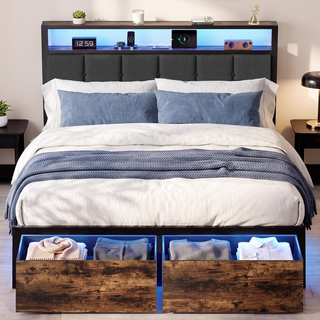 Full Bed Frame with Storage Drawers and LED Lights B5631