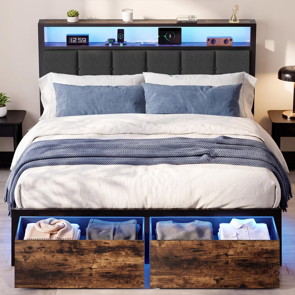Full Bed Frame with Storage Drawers and LED Lights B5631