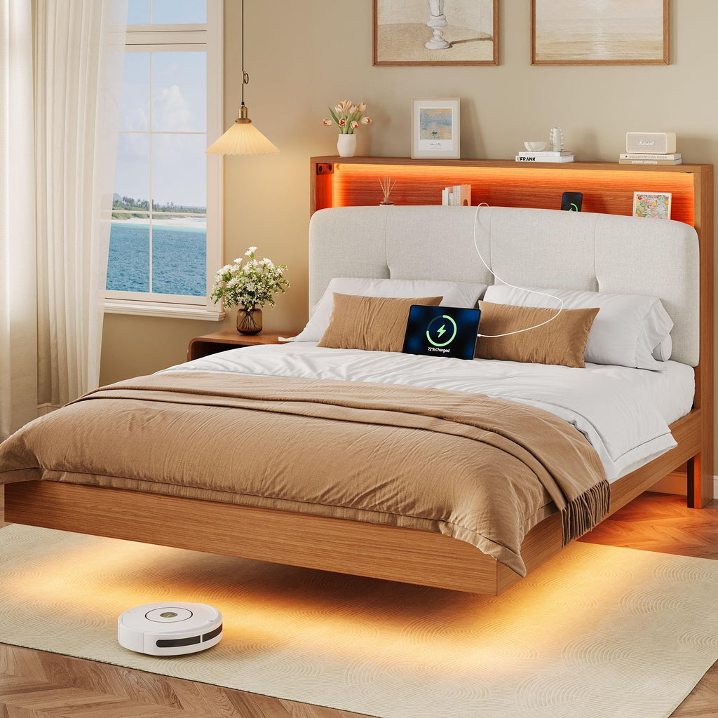 Full Size Floating Bed Frame with LED Light and Charging Station V900009