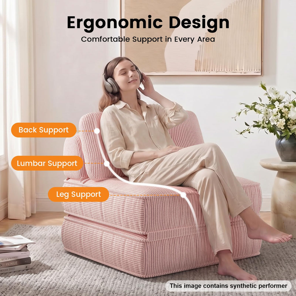 Pink Corduroy 3-in-1 Folding Sofa Bed with Memory Foam J1399