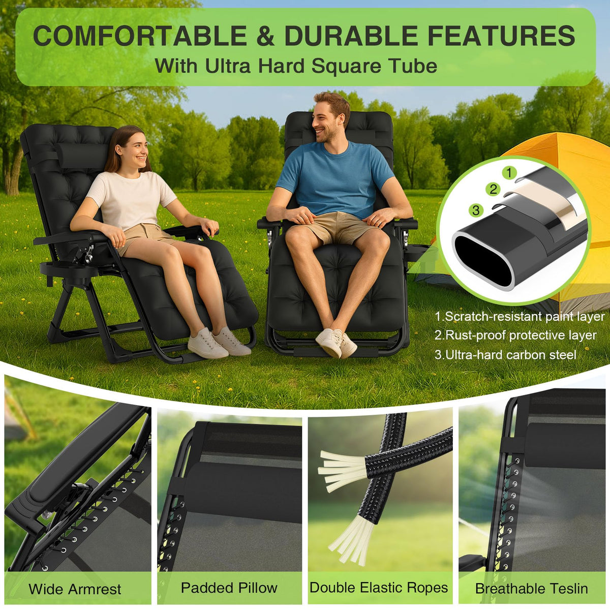 Zero Gravity Reclining Camping Chair Set of 2 with Cushion B38846