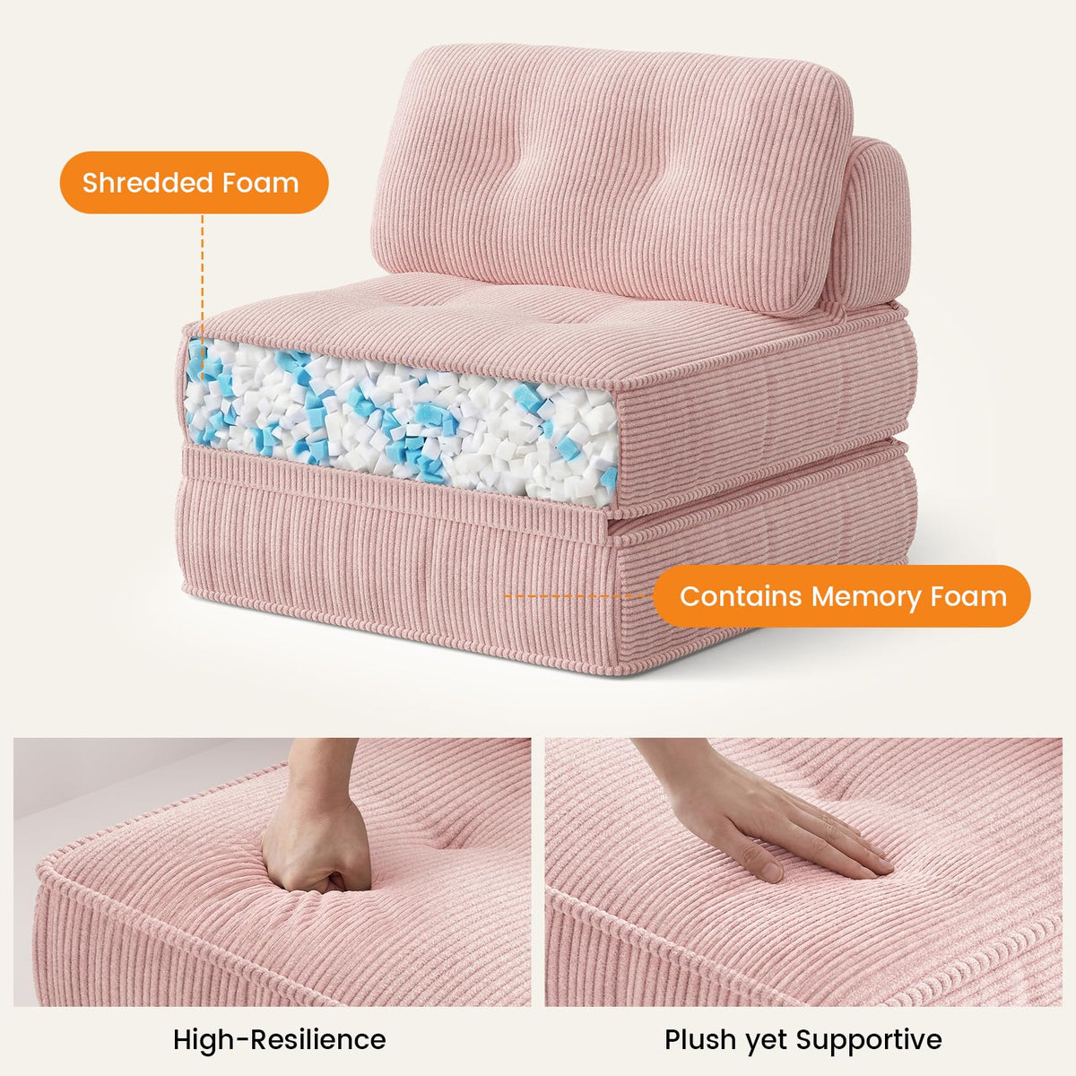 Pink Corduroy 3-in-1 Folding Sofa Bed with Memory Foam J1399