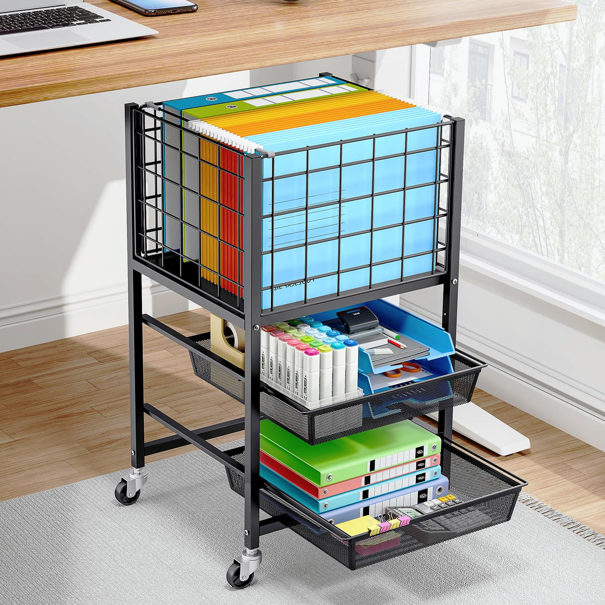 3-Tier Metal Rolling File Cart with 2 Sliding Trays Black U681075