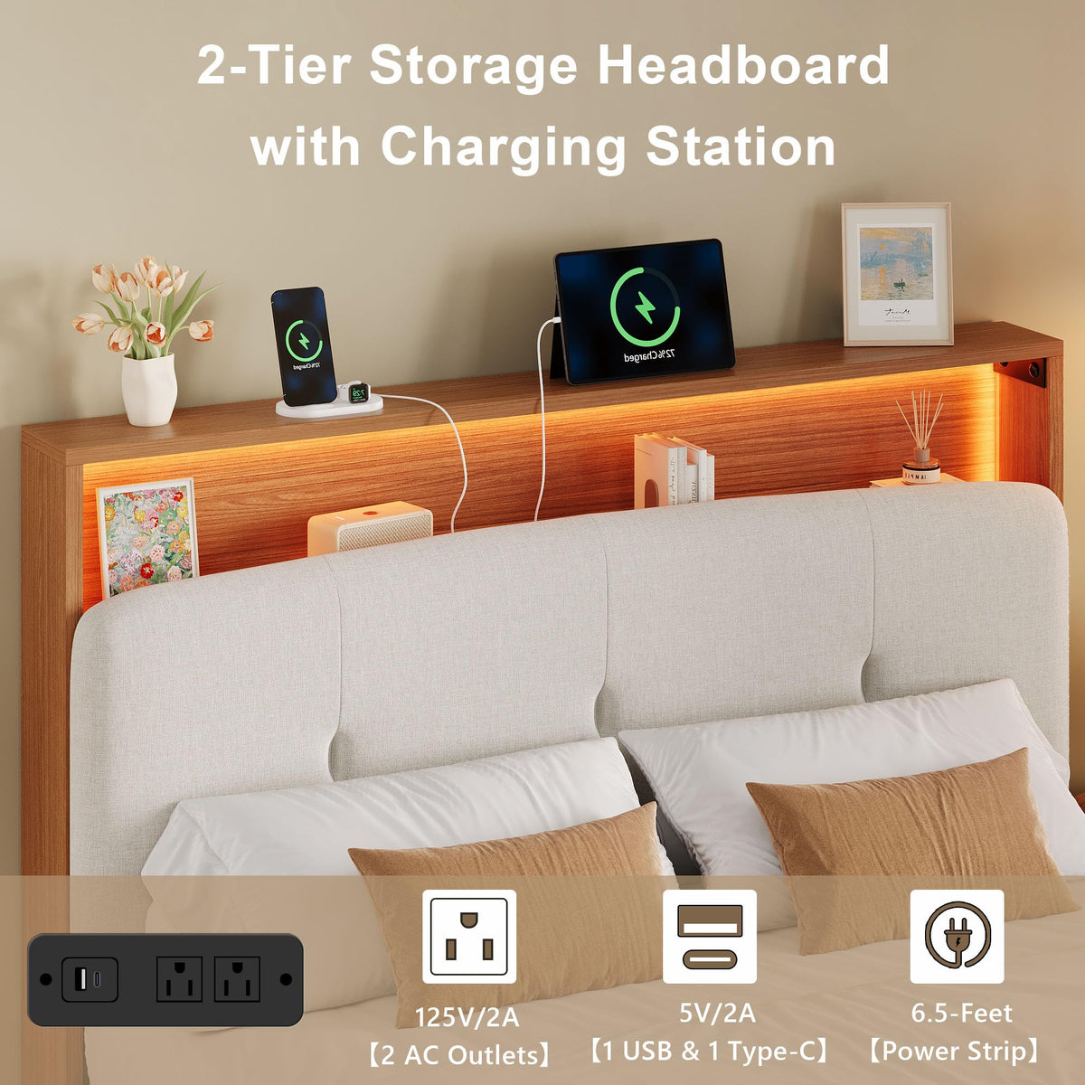 Full Size Floating Bed Frame with LED Light and Charging Station V900009