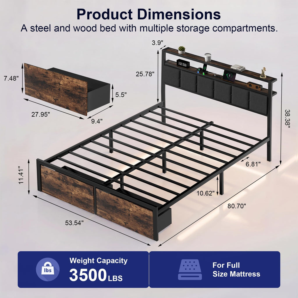 Full Bed Frame with Storage Drawers and LED Lights B5631