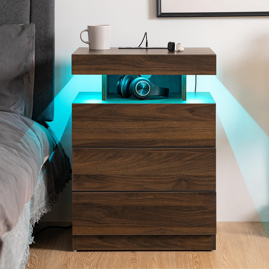 Rustic Brown 3 Drawer Nightstand with Wireless Charging Station X184