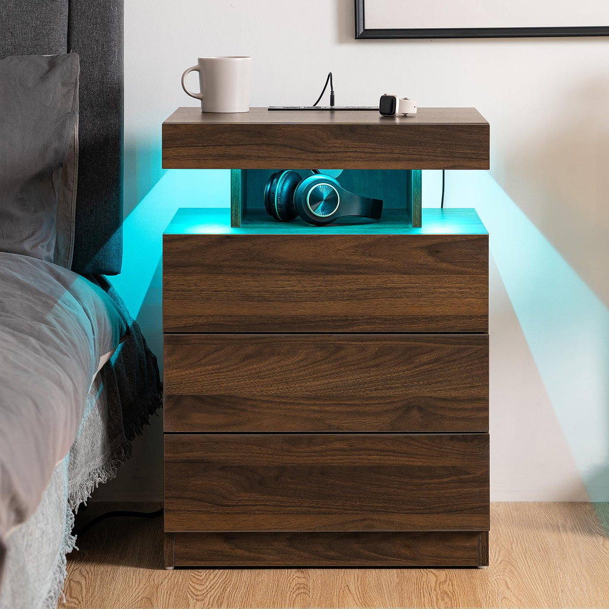 Rustic Brown 3 Drawer Nightstand with Wireless Charging Station X184