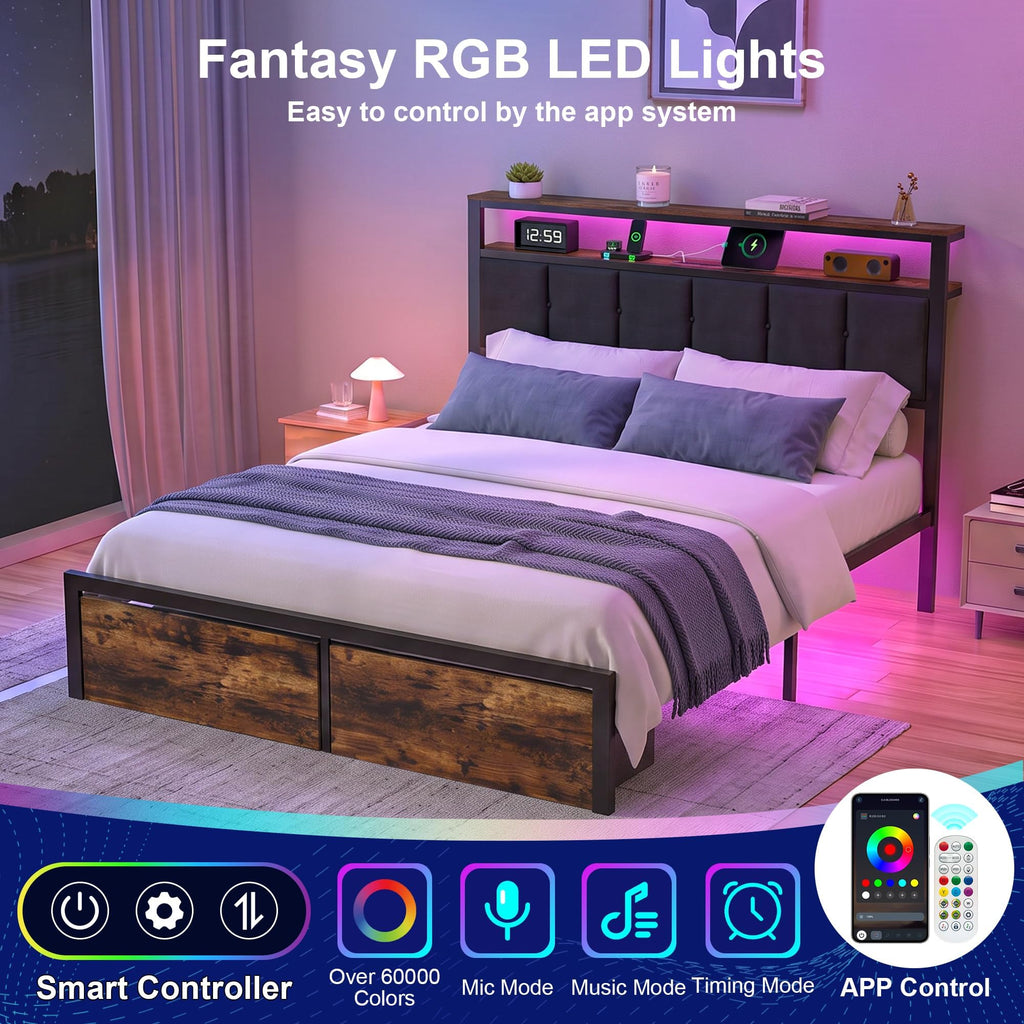 Full Bed Frame with Storage Drawers and LED Lights B5631