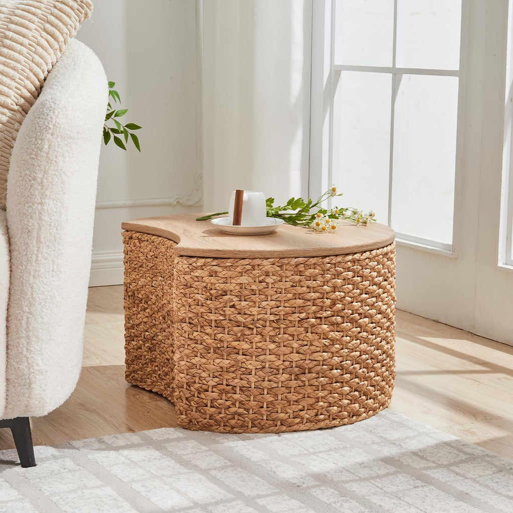 Round Nesting Coffee Table Set of 2 with Storage Wicker Rattan Wood Frame Z726715