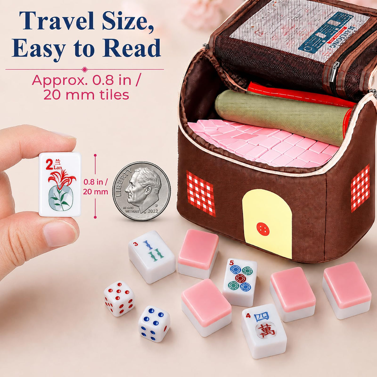American Mahjong Set 166 Mini 0.8-Inch Tiles 4 Racks Pink W988