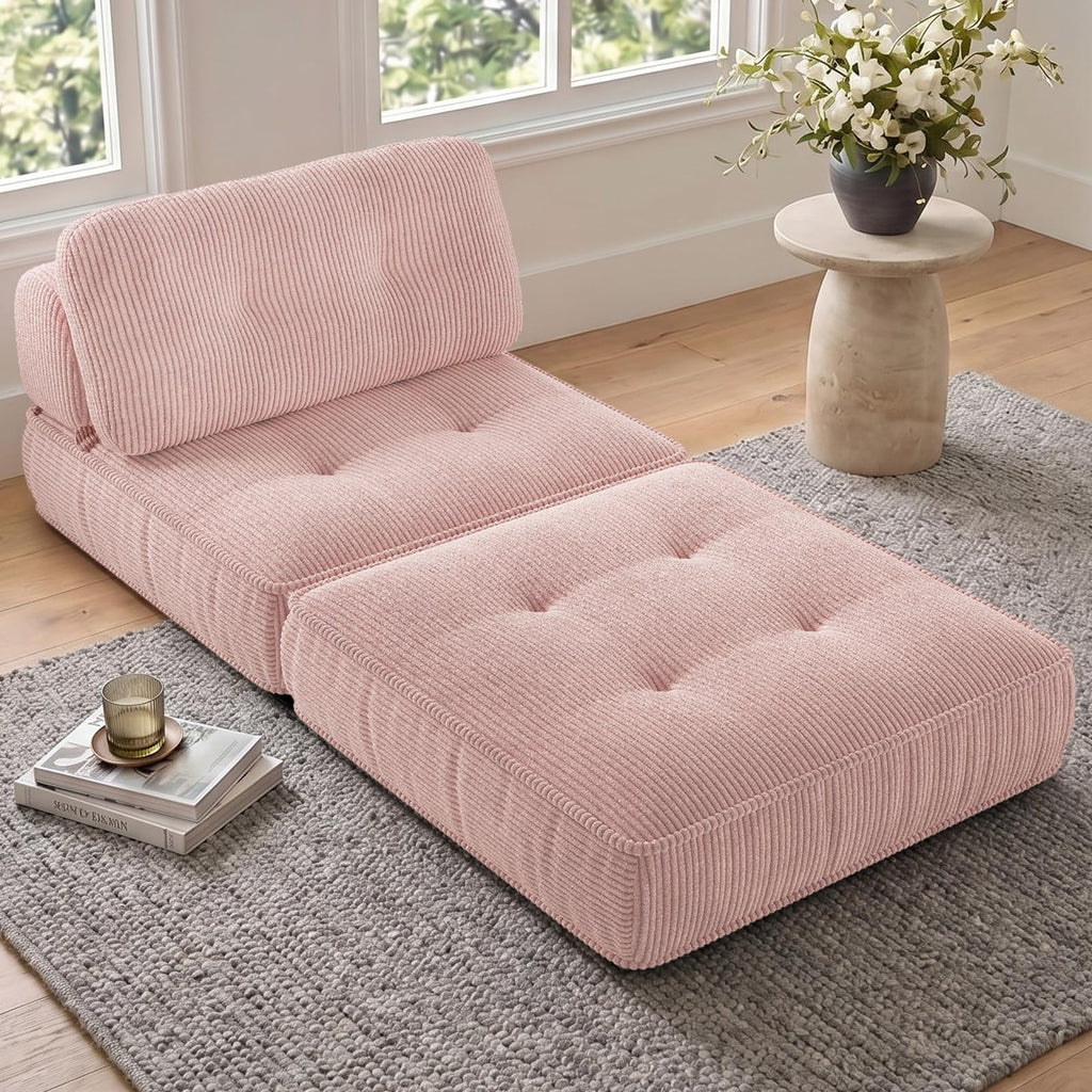 Pink Corduroy 3-in-1 Folding Sofa Bed with Memory Foam J1399
