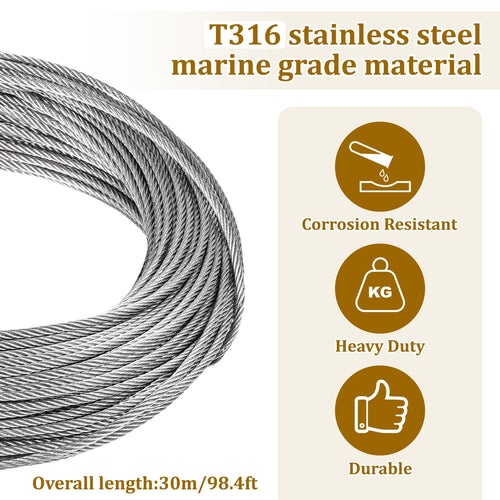1/8" Stainless Steel Cable 100ft Wire Rope with Loop Sleeve and Thimble F486161