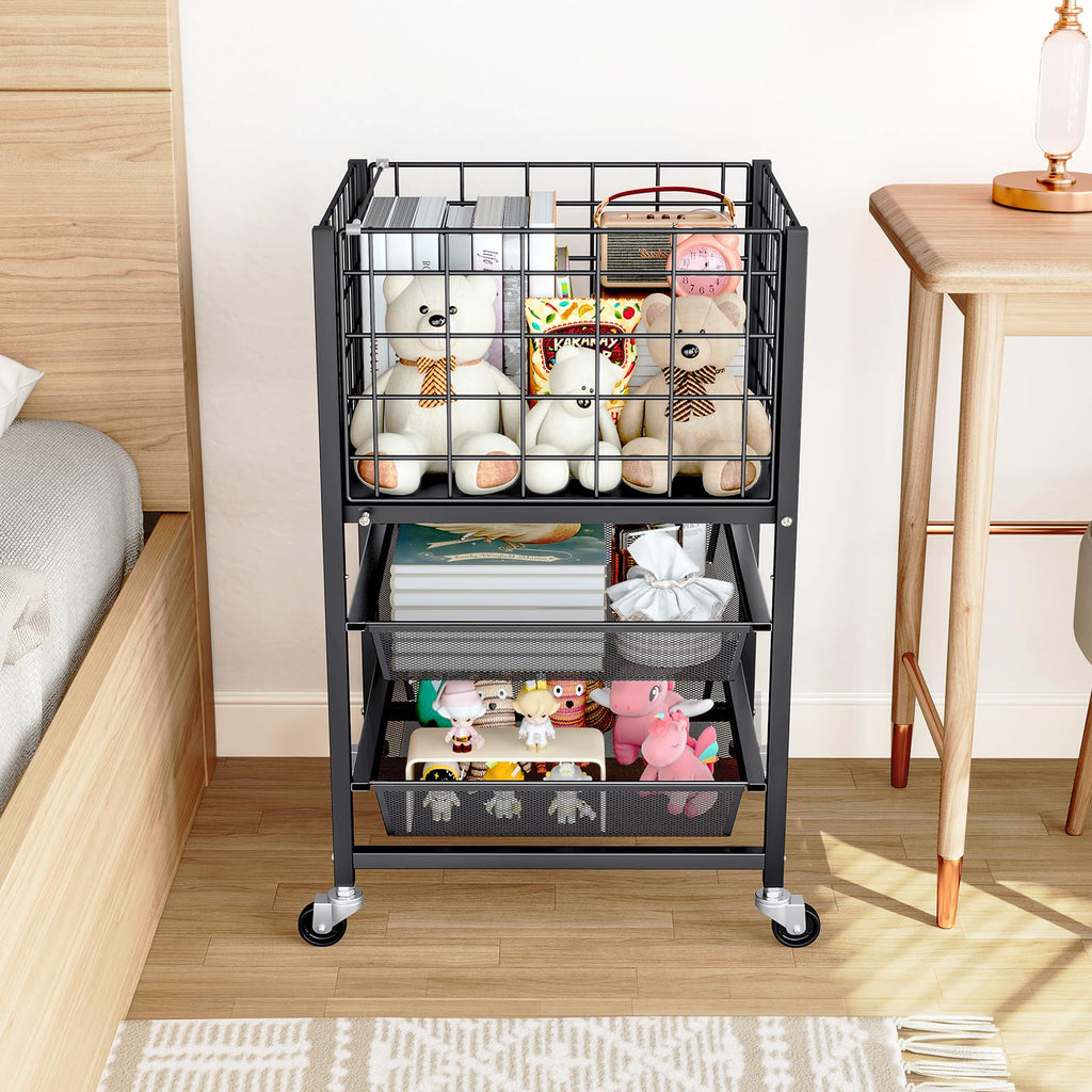 3-Tier Metal Rolling File Cart with 2 Sliding Trays Black U681075