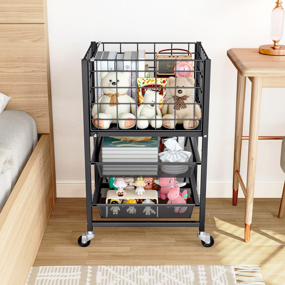 3-Tier Metal Rolling File Cart with 2 Sliding Trays Black U681075