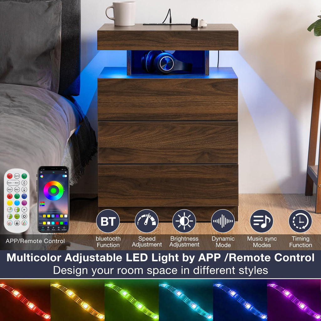 Rustic Brown 3 Drawer Nightstand with Wireless Charging Station X184