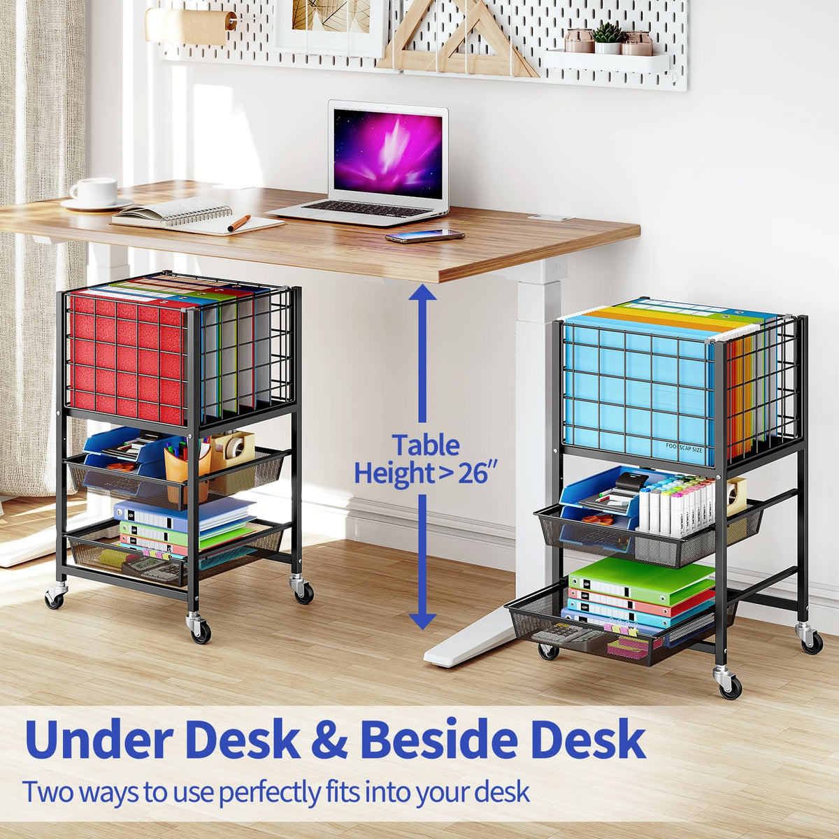 3-Tier Metal Rolling File Cart with 2 Sliding Trays Black U681075