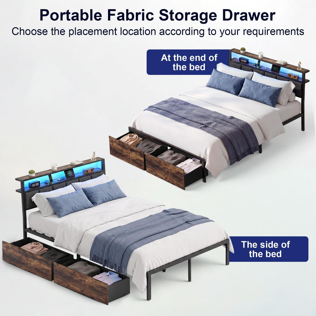 Full Bed Frame with Storage Drawers and LED Lights B5631