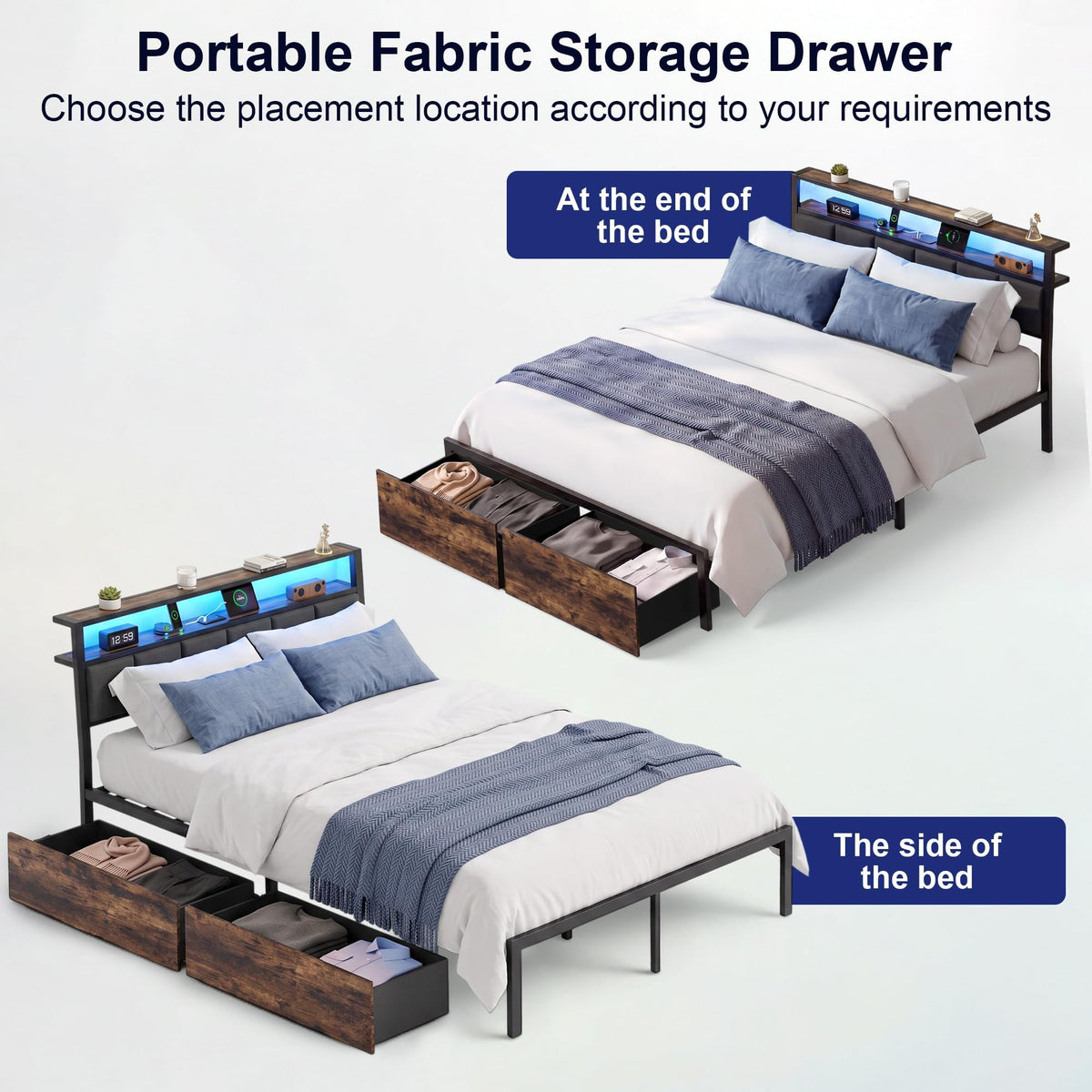 Full Bed Frame with Storage Drawers and LED Lights B5631