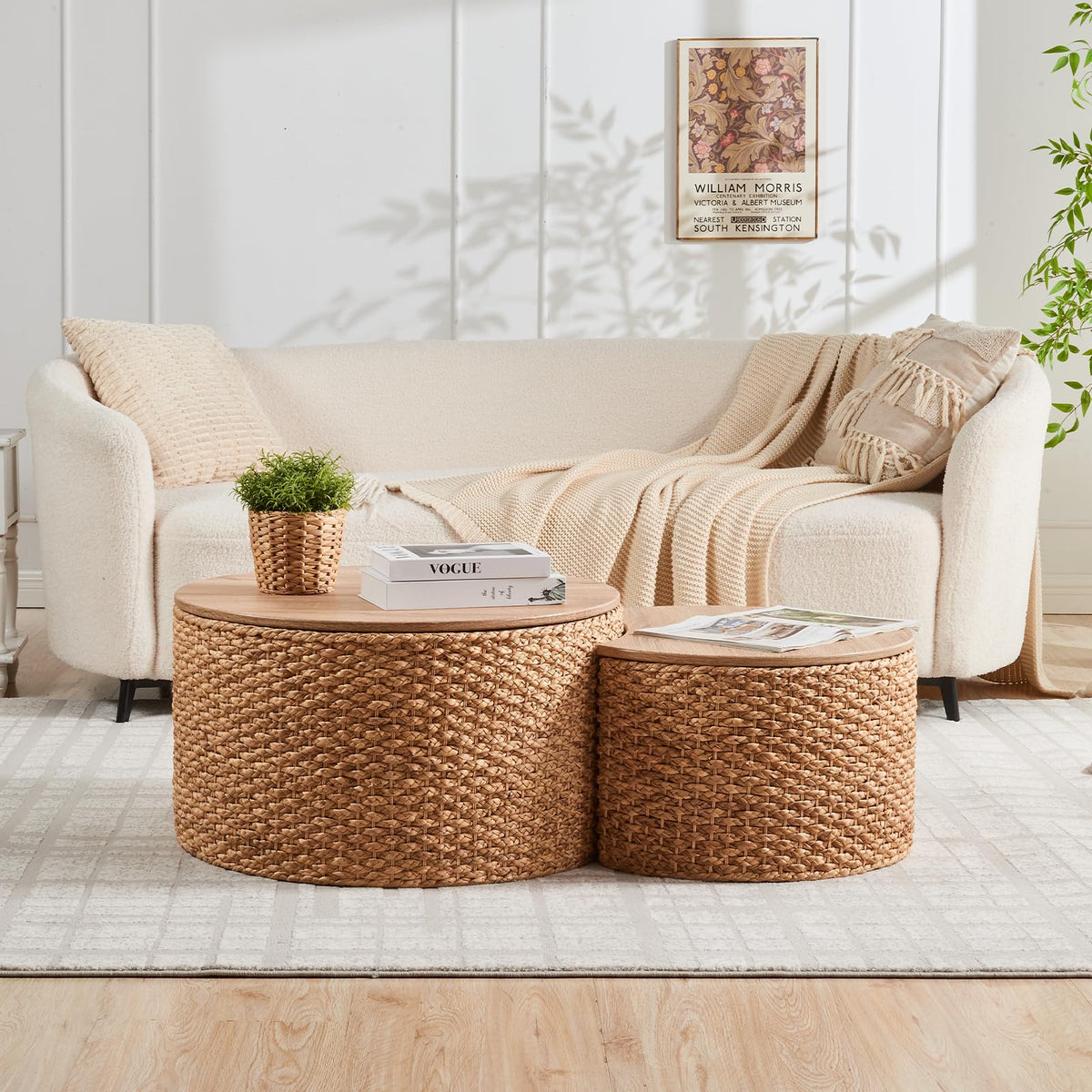 Round Nesting Coffee Table Set of 2 with Storage Wicker Rattan Wood Frame Z726715