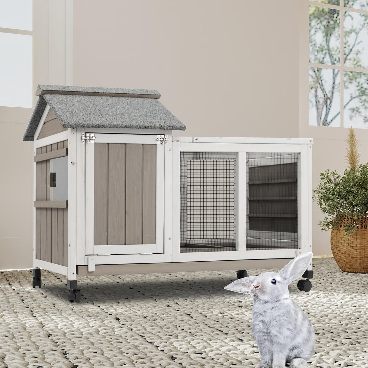 38.19"L Wooden Rabbit Hutch with 4 Wheels and Pull Out Tray S92145