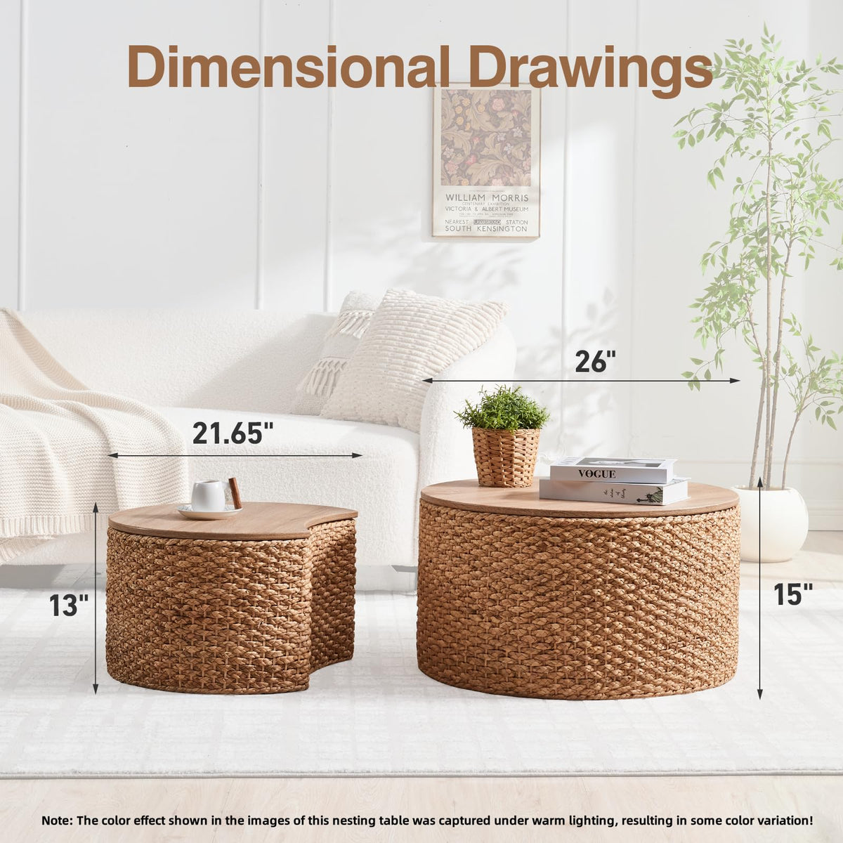 Round Nesting Coffee Table Set of 2 with Storage Wicker Rattan Wood Frame Z726715