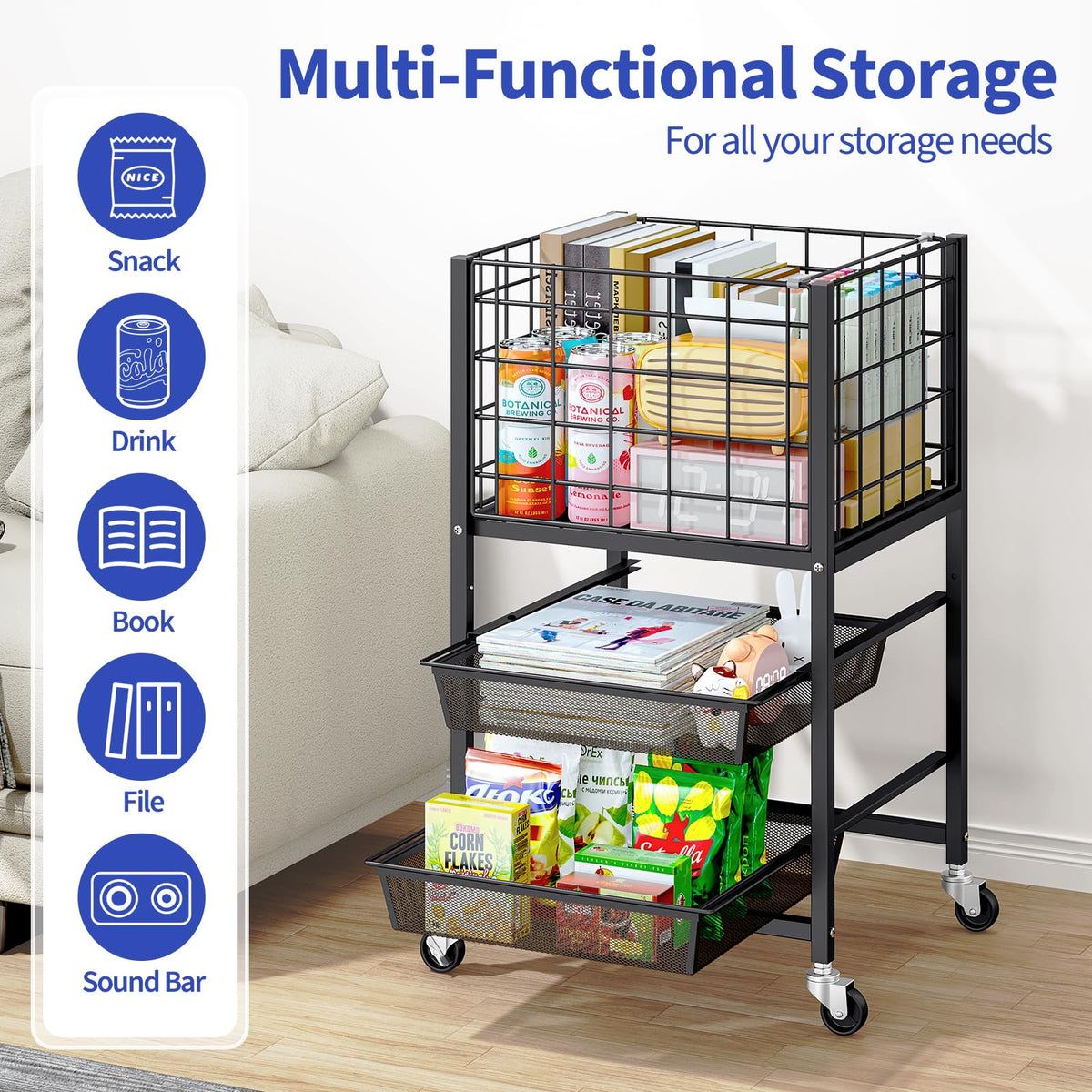 3-Tier Metal Rolling File Cart with 2 Sliding Trays Black U681075