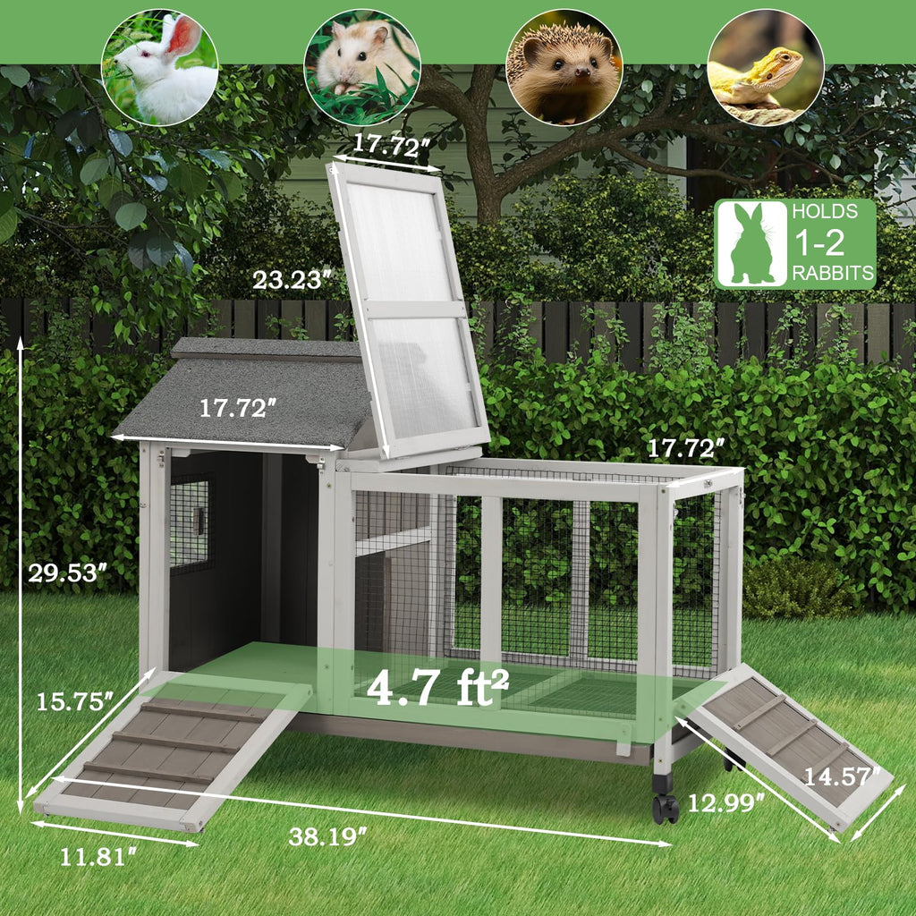38.19"L Wooden Rabbit Hutch with 4 Wheels and Pull Out Tray S92145