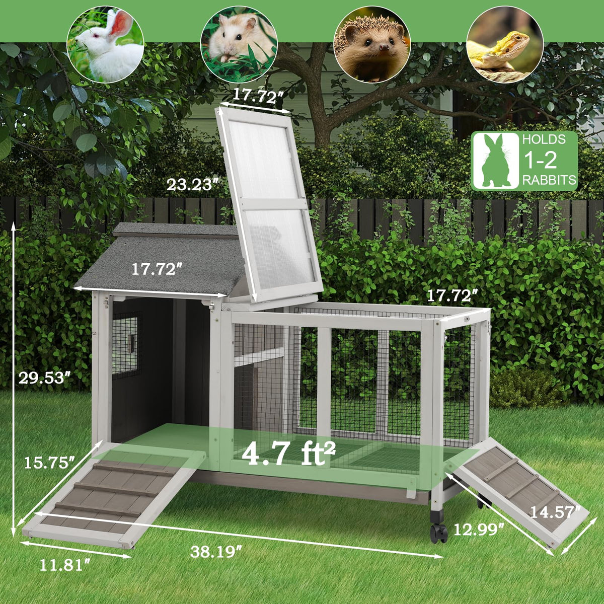 38.19"L Wooden Rabbit Hutch with 4 Wheels and Pull Out Tray S92145