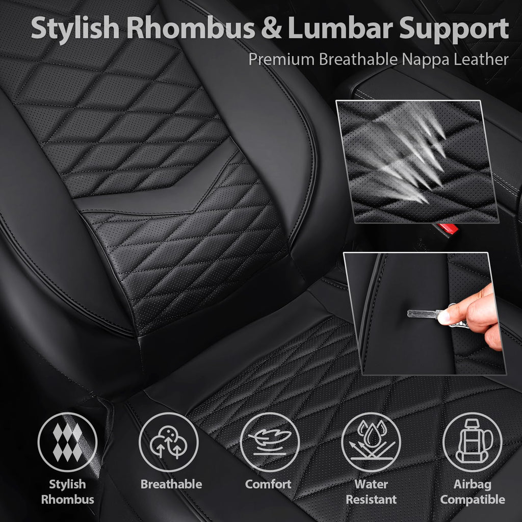Water Resistant Faux Leather Seat Covers Full Set with Lumbar Support Solid Black K393
