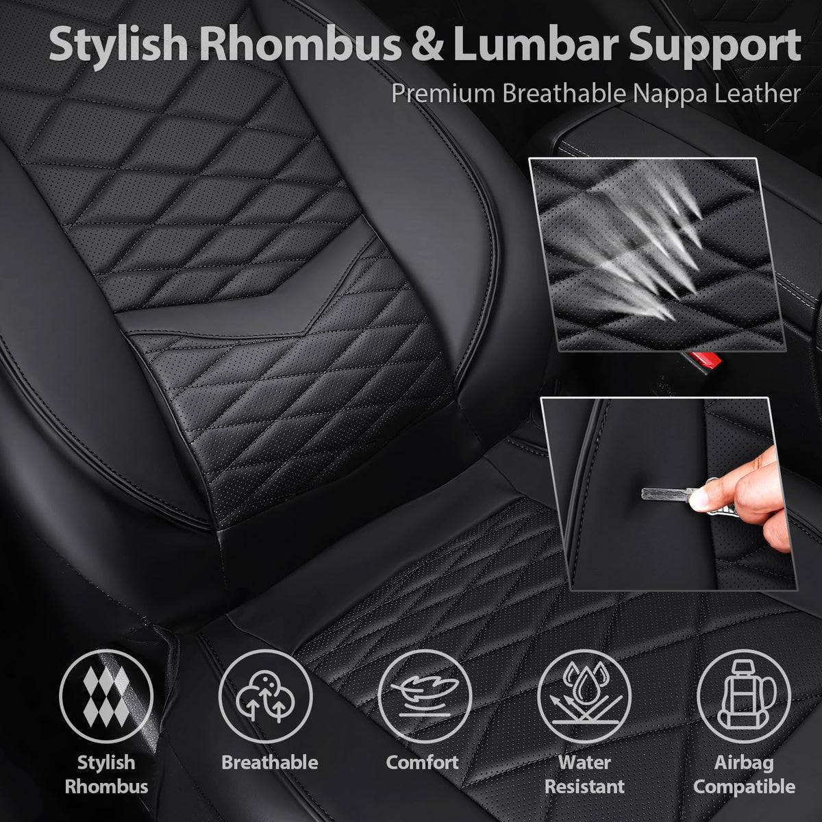 Water Resistant Faux Leather Seat Covers Full Set with Lumbar Support Solid Black K393