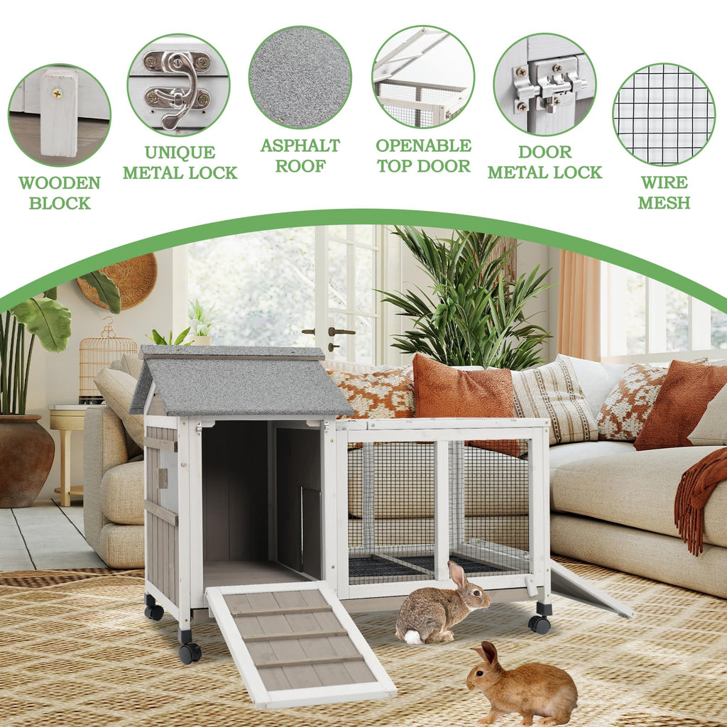 38.19"L Wooden Rabbit Hutch with 4 Wheels and Pull Out Tray S92145