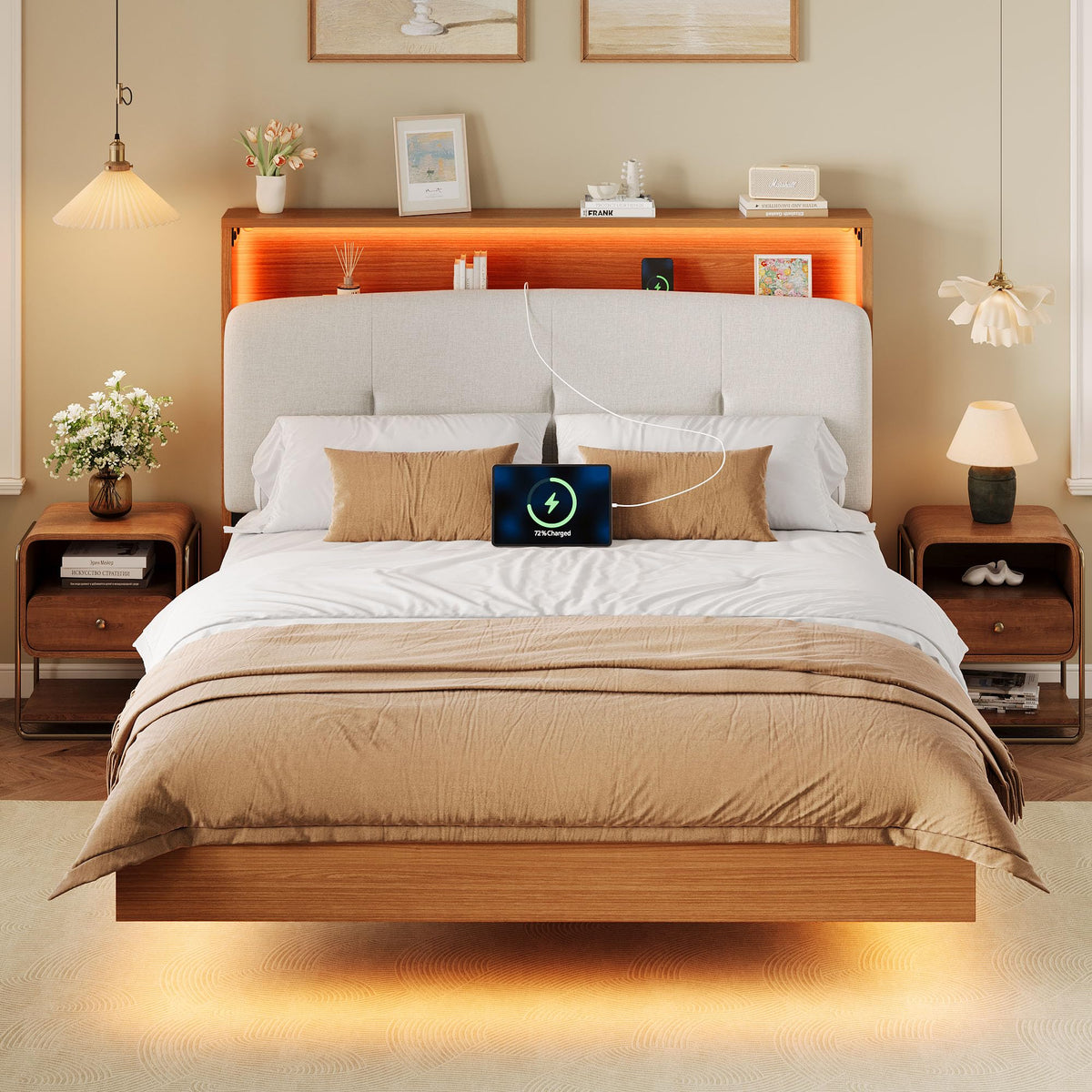 Full Size Floating Bed Frame with LED Light and Charging Station V900009
