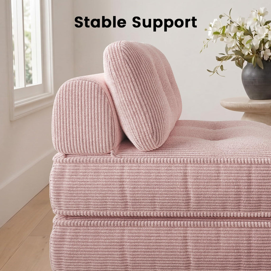 Pink Corduroy 3-in-1 Folding Sofa Bed with Memory Foam J1399