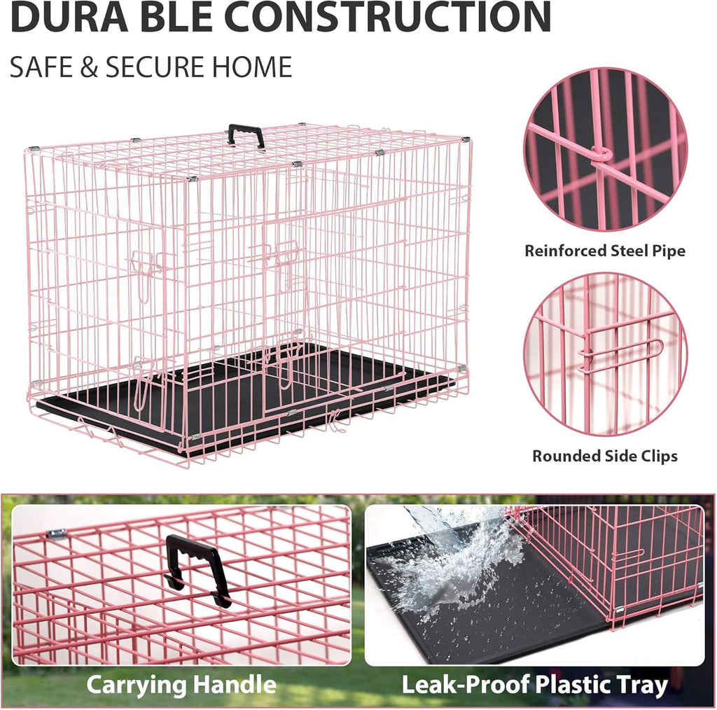48 Inch Extra Large Pink Folding Metal Wire Dog Crate with Divider Panel R534