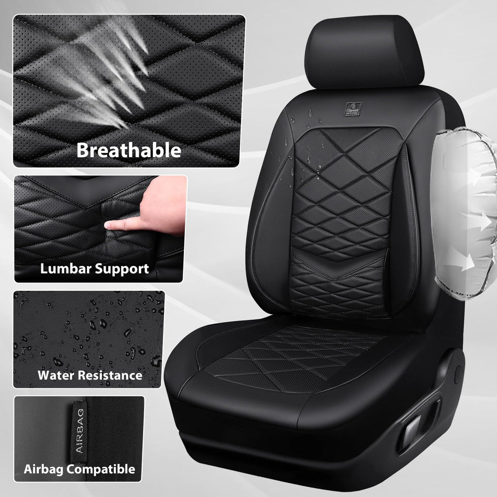 Water Resistant Faux Leather Seat Covers Full Set with Lumbar Support Solid Black K393