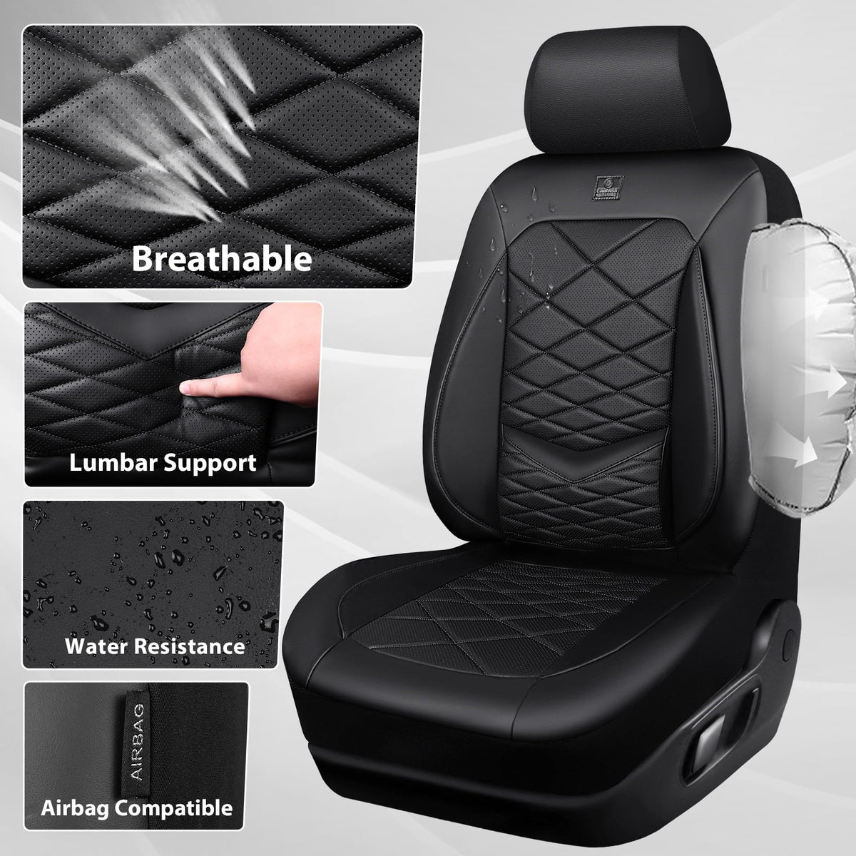 Water Resistant Faux Leather Seat Covers Full Set with Lumbar Support Solid Black K393