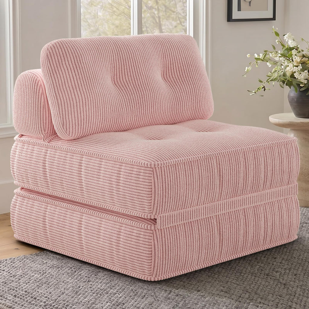Pink Corduroy 3-in-1 Folding Sofa Bed with Memory Foam J1399