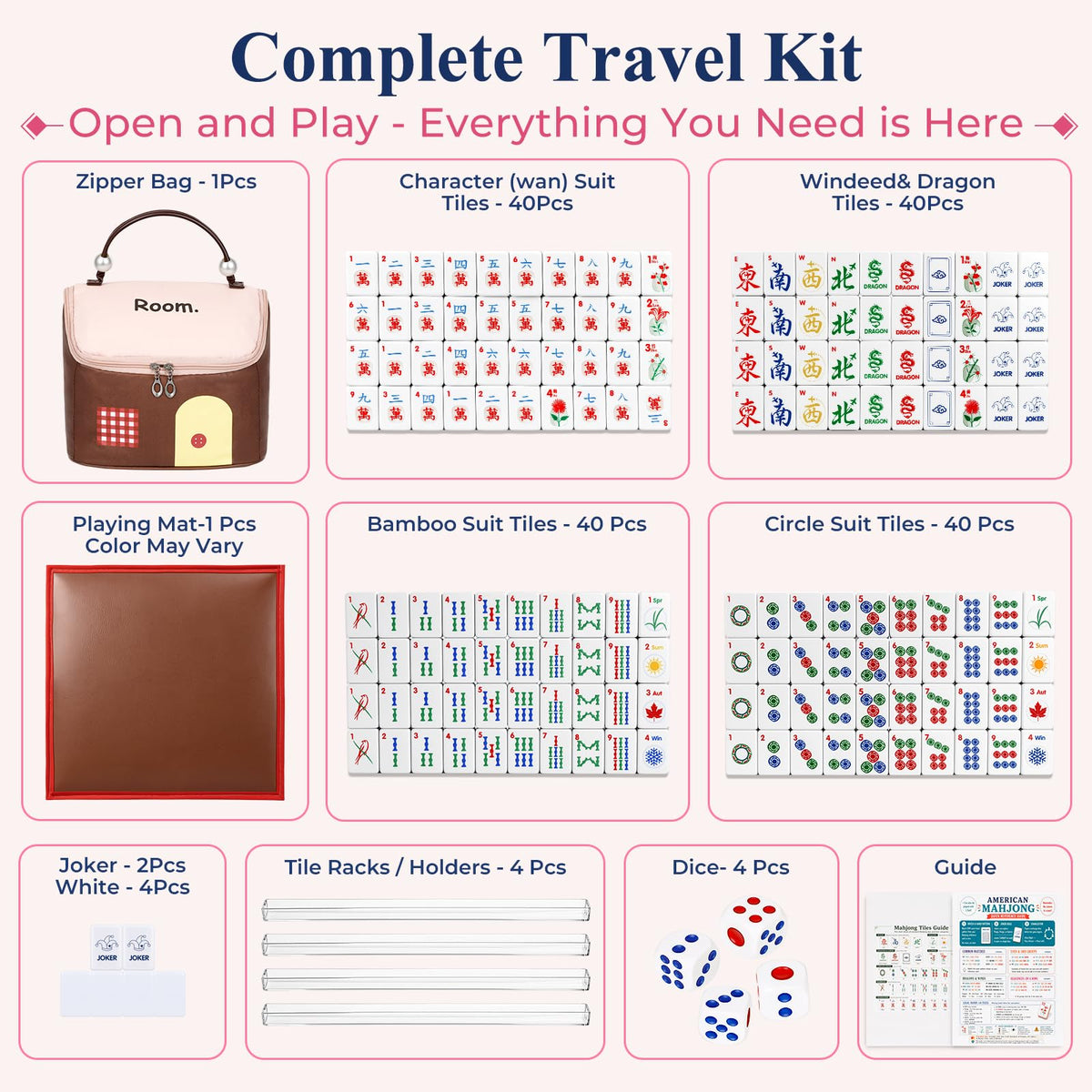 American Mahjong Set 166 Mini 0.8-Inch Tiles 4 Racks Pink W988
