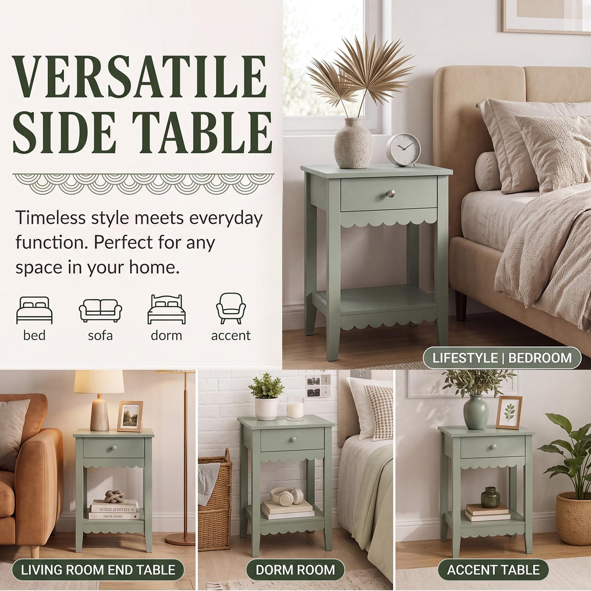 Scalloped Nightstands Side End Table with Drawer & Open Shelf I740010