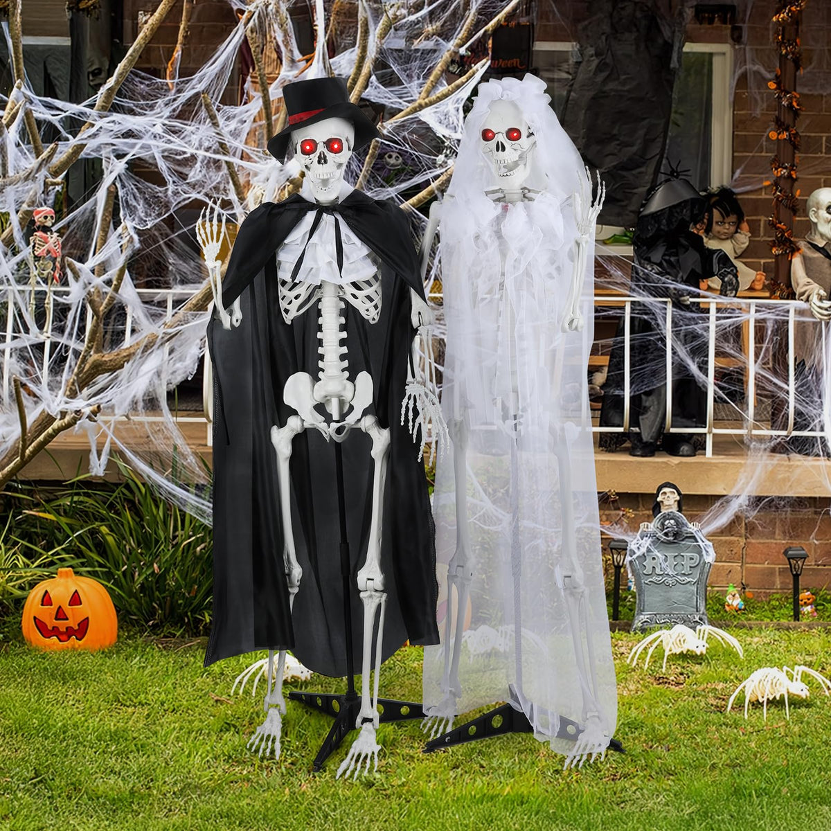 2 Pack Life Size Skeleton Bride and Groom with LED Glowing Eyes and Movable Joints I103